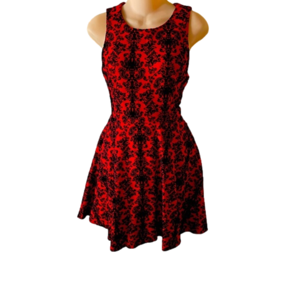 SKIES are Blue red with black fluer de lis appliqués sleeveless cocktail dress M